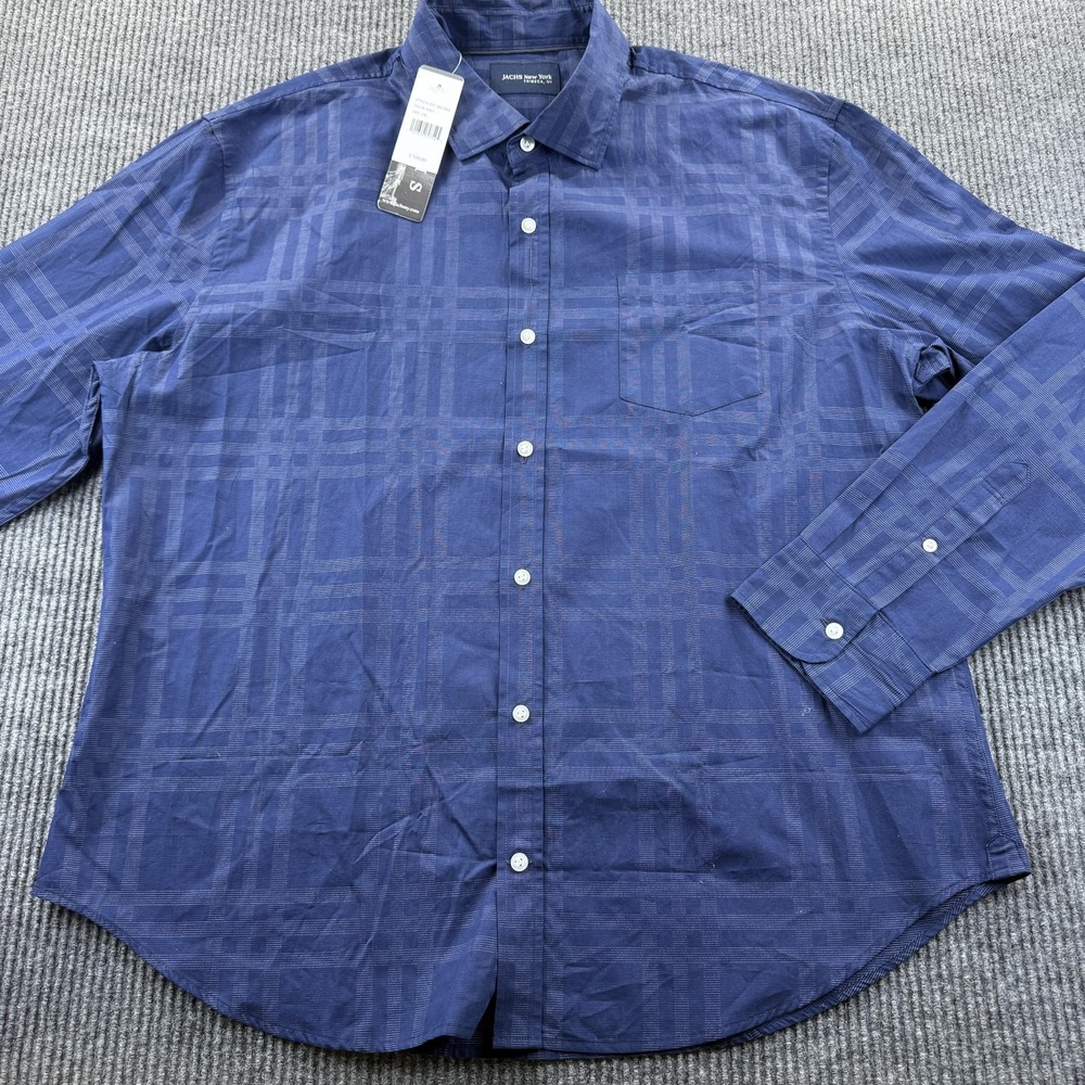 JACHS New York Shirt Mens 2XL Navy Plaid‎ Button Front Long Sleeve Cotton Casual